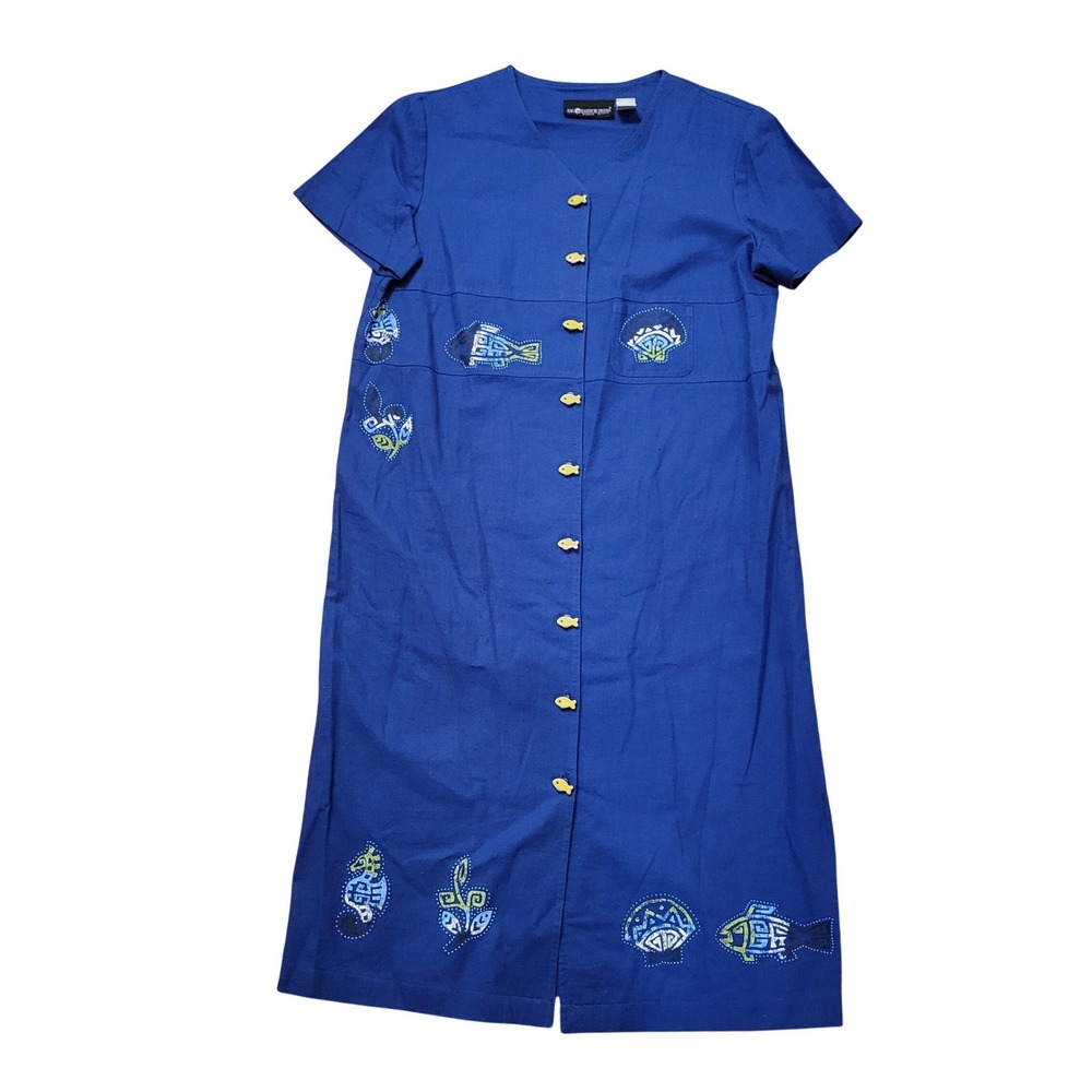 Sag‎ Harbor Blue Linen Blend Fish Button Midi Dress 14WP Summer Whimsical Modest